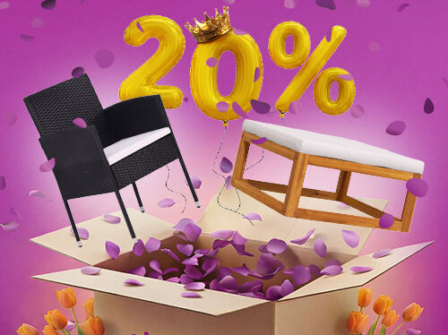 Geopende vidaXL-doos met een tuinstoel en houten voetensteun die eruit springen, omringd door tulpen en paarse bloemblaadjes. Gele ballonnen tonen een korting van 20% met een koningskroon erbovenop. Klik om de producten in de aanbieding te bekijken.