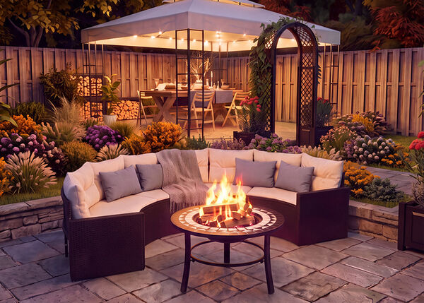 Tuinlounge met een ronde vuurplaats en zitplaatsen met kussens, voor een verlicht tuinprieel omringd door kleurrijke bloemen en aangelegd groen in de schemering.