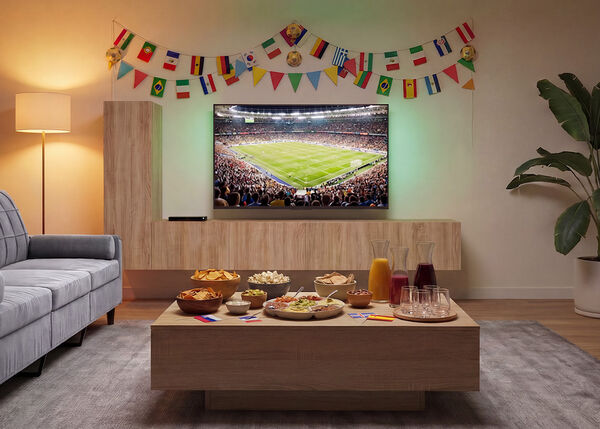 Woonkamer ingericht voor het kijken naar een voetbalwedstrijd, met een tv waarop een vol stadion te zien is, een bank tegenover een houten salontafel vol snacks en drankjes, en kleurrijke internationale vlaggen die de muur decoreren.