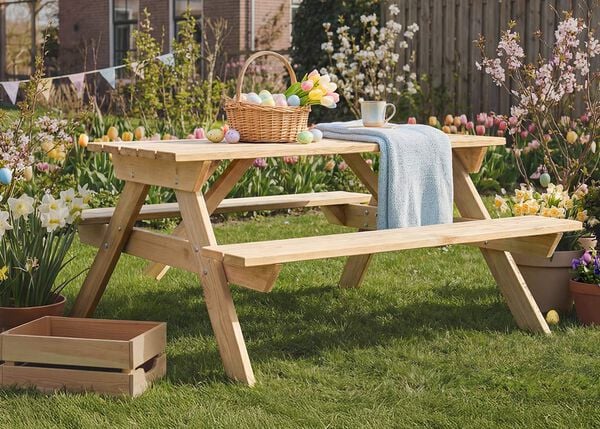Een houten picknicktafel in een zonnige tuin, gedecoreerd voor Pasen met een mand vol gekleurde eieren, voorjaarsbloemen en feestelijke slingers.