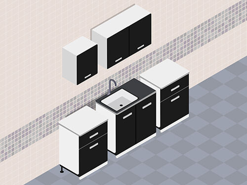 Illustratie van zwart-witte keukenkasten met een spoelbak, bovenkasten en tegelvloer.