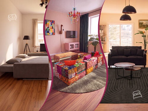 Collage met drie bankstijlen: een moderne woonkamer met donkere banken, een kleurrijke modulaire patchworkbank rond een salontafel en een grijze slaapbank die volledig is uitgeklapt. Klik om de bankencollectie te bekijken.