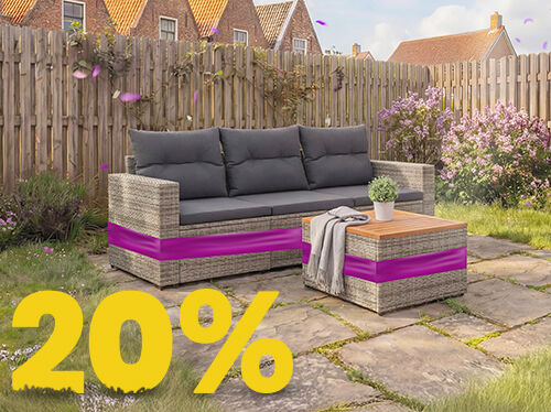 Outdoorbanner met twee houten plantenbakken gevuld met paarse bloemen, met een grote gele &lsquo;10%&rsquo;-kortingstekst in de hoek. 