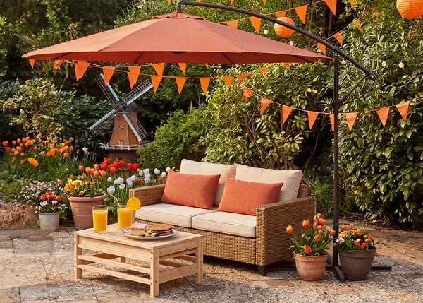 Buitensc&egrave;ne versierd voor Koningsdag met oranje vlaggetjes, een rotanbank met oranje kussens, een houten salontafel met drankjes en snacks, en potten met tulpen, met een kleine molendecoratie op de achtergrond.