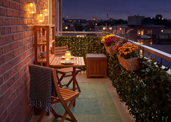 Klein balkon met houten stoelen en tafel, verlicht met lantaarns en kaarsen, versierd met bloemen in potten en groen, met uitzicht op een stadssilhouet bij nacht.