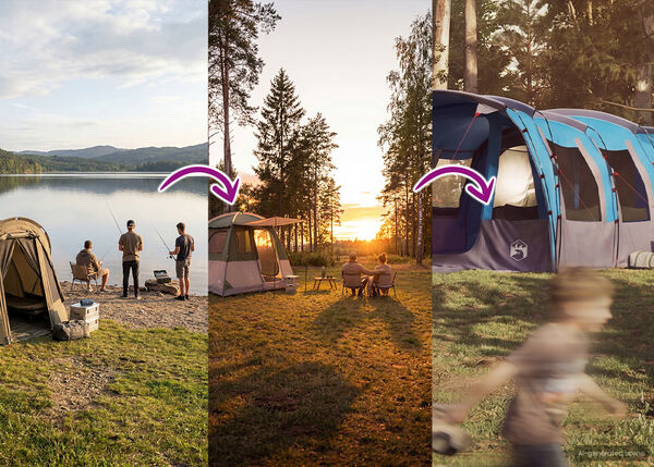 Gesplitste banner die een ontwikkeling van kampeerervaringen toont. Links vissen en ontspannen drie mensen bij een kleine tent aan een meer bij zonsondergang. In het midden zitten twee mensen aan een tafel met achter hen een grotere blauw-grijze tent, ook bij zonsondergang. Rechts is een wazig beeld te zien van een grotere tentachtige structuur. Pijlen geven een overgang tussen de sc&egrave;nes aan en suggereren een upgrade van recreatie in de buitenlucht.