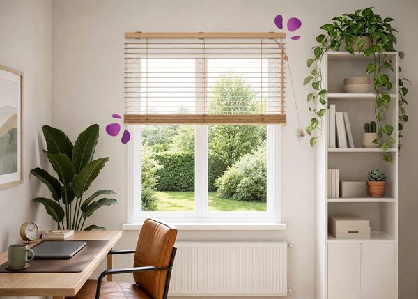 Een lichte thuiswerkhoek met een houten jaloezie voor een groot raam. Het zachte daglicht valt naar binnen en je kijkt uit op een groene tuin. Eronder staan een houten bureau en leren stoel, met een laptop, schrijfwaren en een keramische mok. Een hoge plant, open planken met boeken en kleine cactussen, en een kledingrek maken de rustige, opgeruimde werkplek compleet.