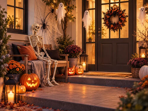 Veranda versierd voor Halloween met lichtgevende pompoenen, een skelet op een bank, hangende spoken, spinnenwebben en warme feestverlichting.