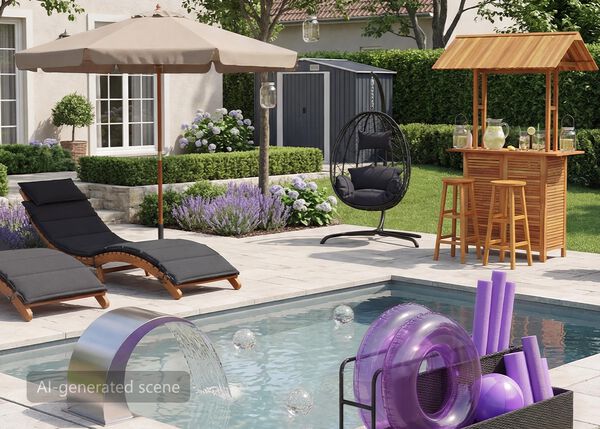 Een modern terras met een gevoerde fauteuil onder een beige parasol, een hangstoel en een houten tuinbar met krukken, omringd door een verzorgde tuin, paarse bloemen en een kleine schuur op de achtergrond.