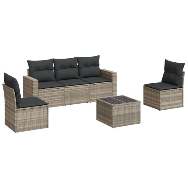 vidaXL 6-delige Loungeset met kussens poly rattan lichtgrijs