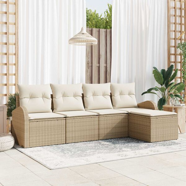 vidaXL Bankstel met kussen met opslag 5 pcs Beige en Wit poly rattan