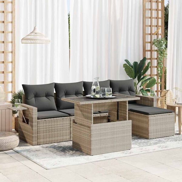 vidaXL 6-delige Loungeset met kussens poly rattan lichtgrijs