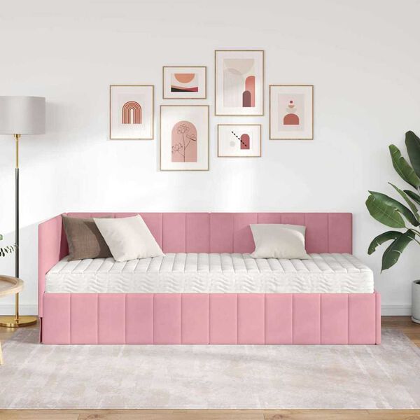 vidaXL Hoekbedframe met matras met hoofdeinde Roze 80 x 200 cm Fluweel
