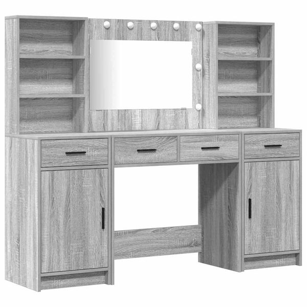 vidaXL Make-up tafel set met LED 3 pcs Grijs Sonoma Bewerkt hout