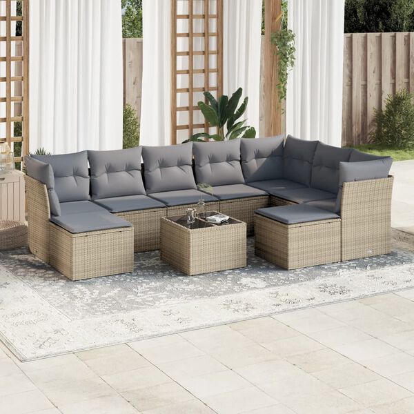 vidaXL 10-delige Loungeset met kussens poly rattan beige