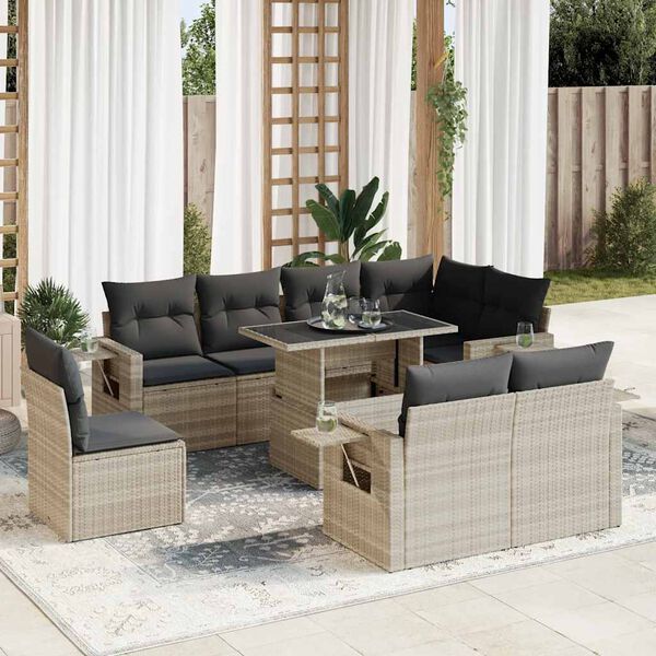 vidaXL 9-delige Loungeset met kussens poly rattan lichtgrijs