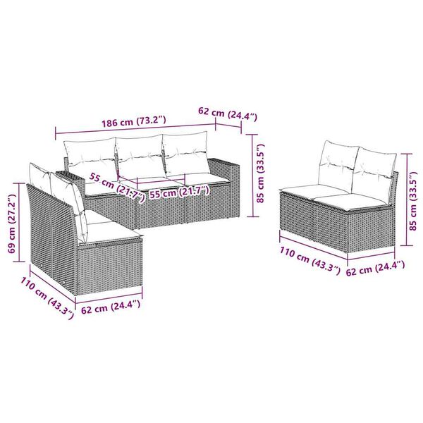 vidaXL 7-delige Loungeset met kussens poly rattan bruin