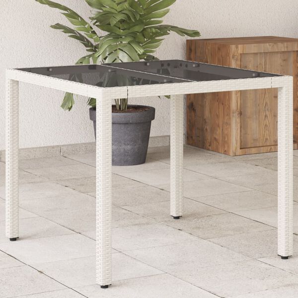 vidaXL Tuintafel met glazen blad 90x90x75 cm poly rattan wit
