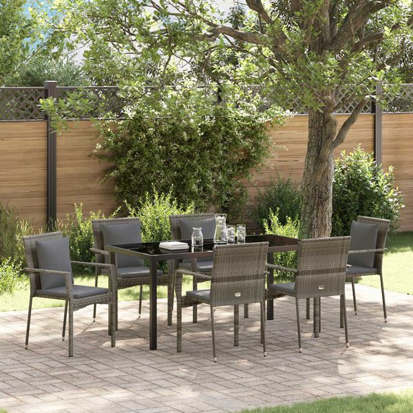vidaXL Tuin eettafelset met kussen 7 pcs Grijs poly rattan