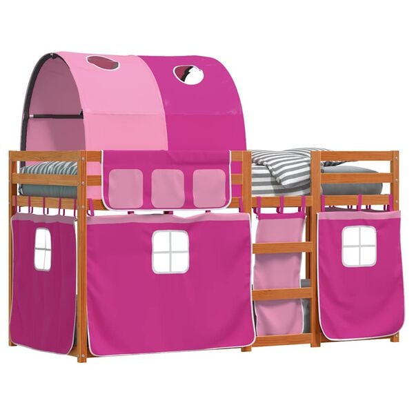 vidaXL Stapelbed met gordijnen 90x190 cm grenenhout roze