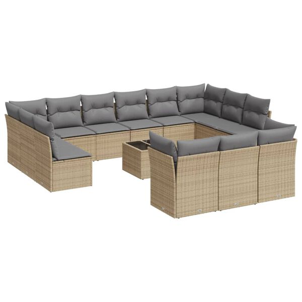 vidaXL 14-delige Loungeset met kussens poly rattan beige