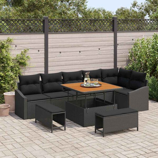 vidaXL Tuinbankenset met kussen 9 pcs Zwart poly rattan
