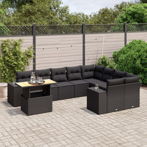 vidaXL 10-delige Loungeset met kussens poly rattan zwart