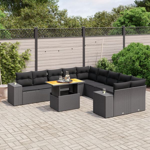 vidaXL 11-delige Loungeset met kussens poly rattan zwart