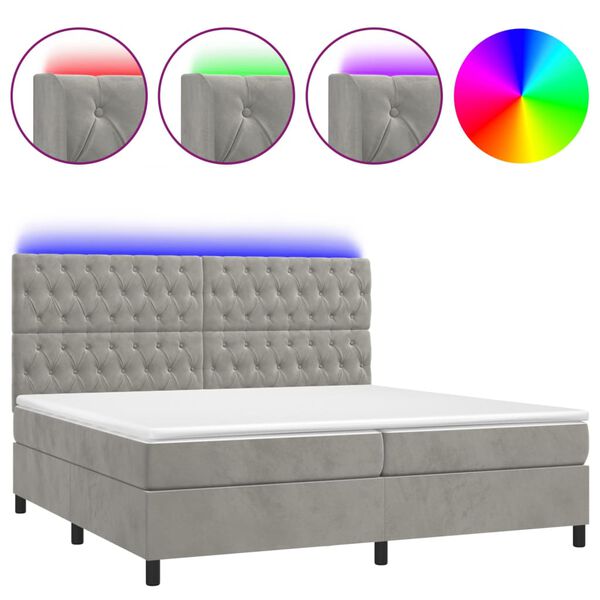 vidaXL Boxspring met matras en LED fluweel lichtgrijs 200x200 cm