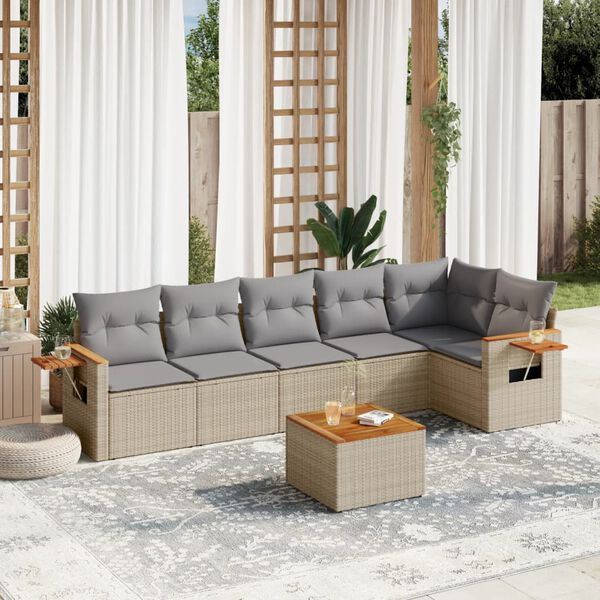 vidaXL 7-delige Loungeset met kussens poly rattan beige