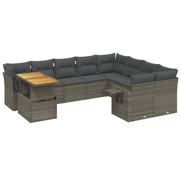 vidaXL 10-delige Loungeset met kussens poly rattan grijs