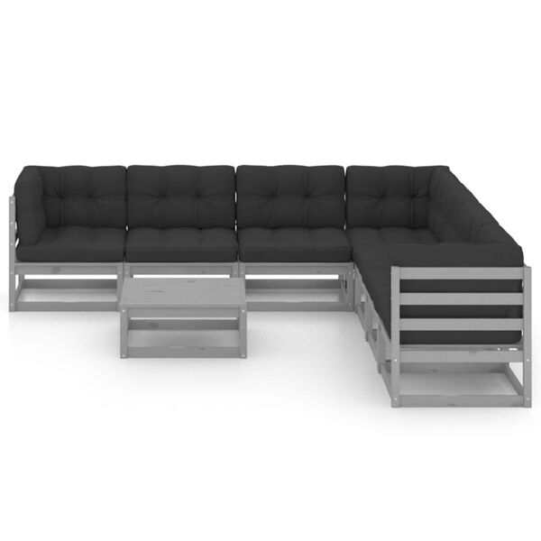 vidaXL 8-delige Loungeset met kussens massief grenenhout grijs