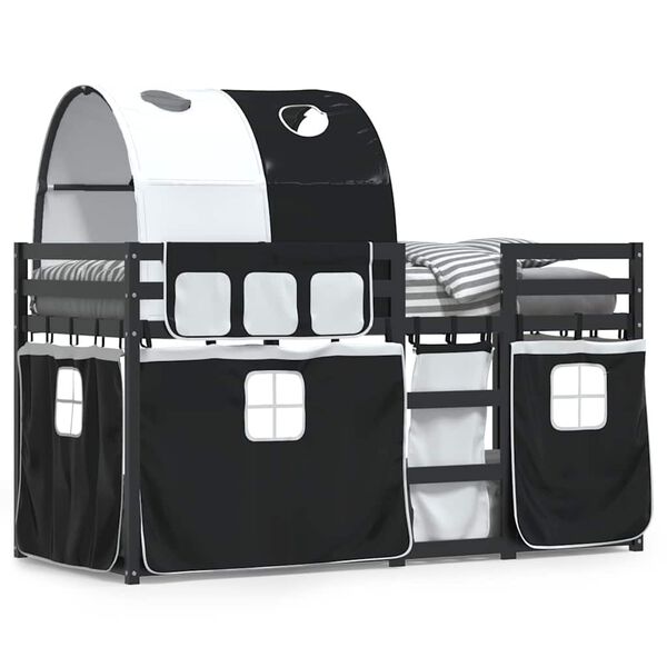 vidaXL Stapelbed met gordijnen 90x190 cm grenenhout wit en zwart