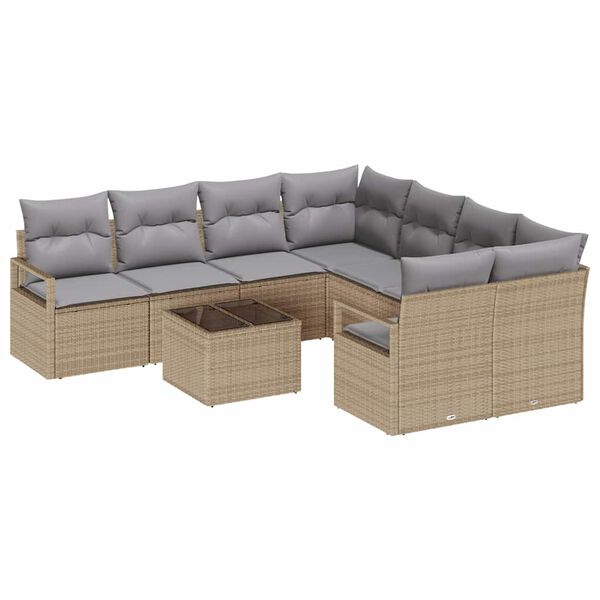 vidaXL Bankstel met kussen met opslag 9 pcs Beige en Grijs poly rattan