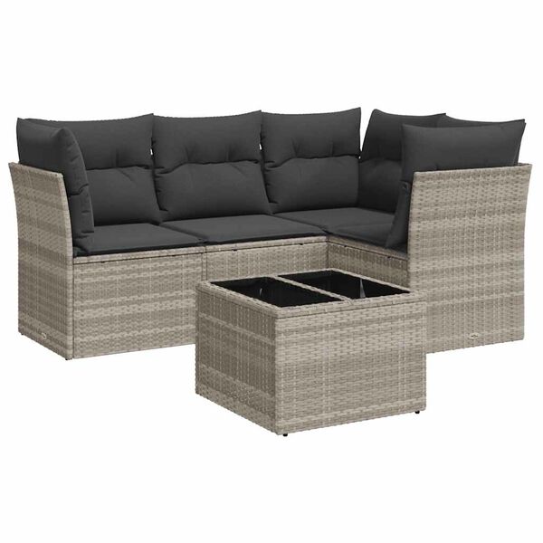 vidaXL 5-delige Loungeset met kussens poly rattan lichtgrijs
