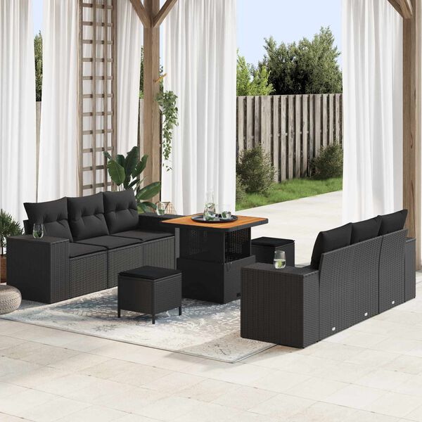 vidaXL Tuin Sofa Set met kussen met opslag 9 pcs Zwart Poly Rattan
