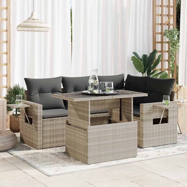 vidaXL 5-delige Loungeset met kussens poly rattan lichtgrijs