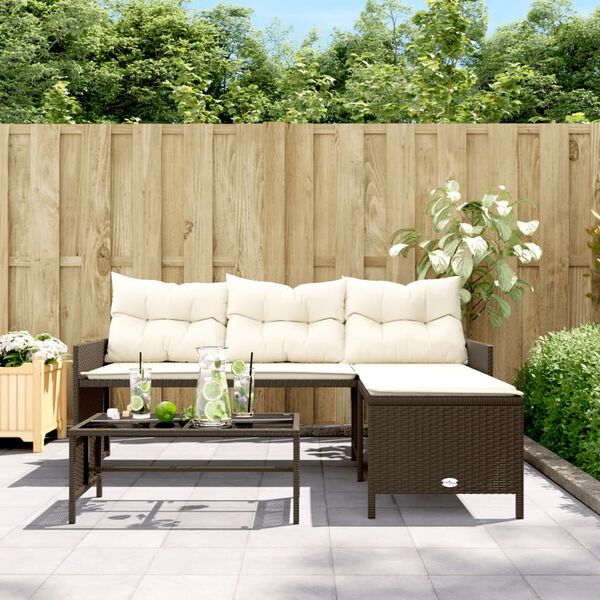 vidaXL Tuinbank met tafel en kussens L-vormig poly rattan bruin