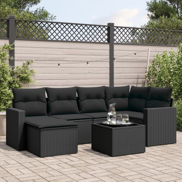 vidaXL 7-delige Loungeset met kussens poly rattan zwart
