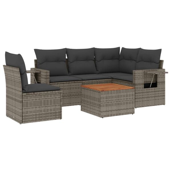 vidaXL 6-delige Loungeset met kussens poly rattan grijs