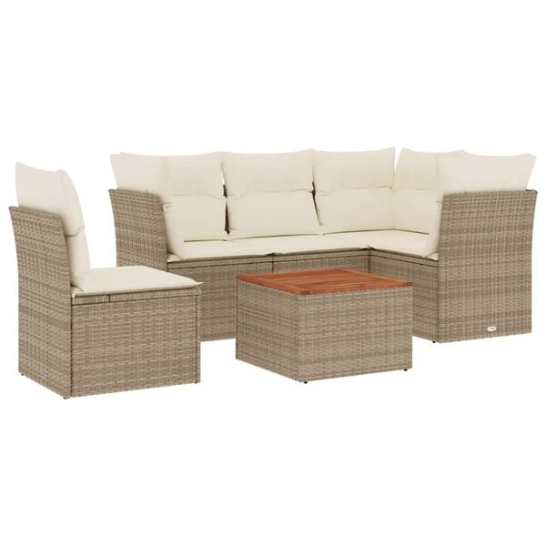 vidaXL 6-delige Loungeset met kussens poly rattan beige