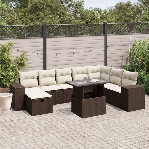 vidaXL 9-delige Loungeset met kussens poly rattan bruin