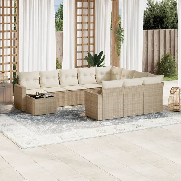 vidaXL 11-delige Tuinset met kussens poly rattan beige