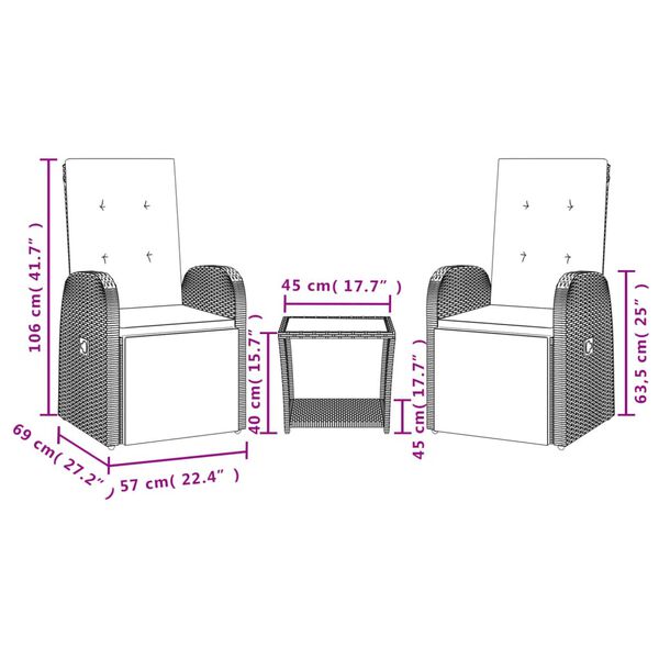 vidaXL 3-delige Tuinset met kussens poly rattan grijs
