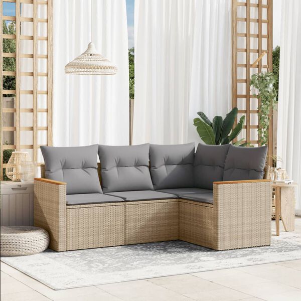 vidaXL 4-delige Loungeset met kussens poly rattan gemengd beige