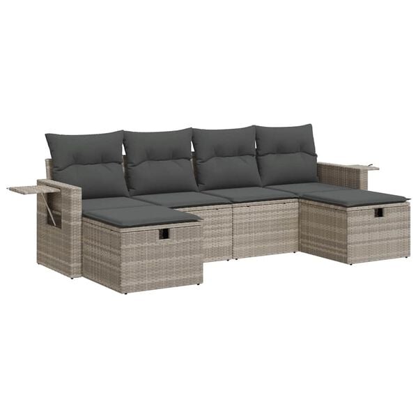 vidaXL 6-delige Loungeset met kussens poly rattan lichtgrijs