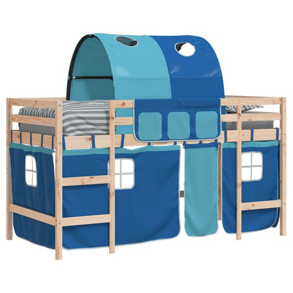 vidaXL Kinderhoogslaper met tunnel 90x190 cm massief grenenhout blauw