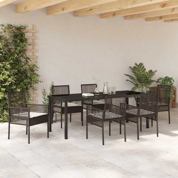 vidaXL Tuin eettafelset met kussen 7 pcs Bruin poly rattan