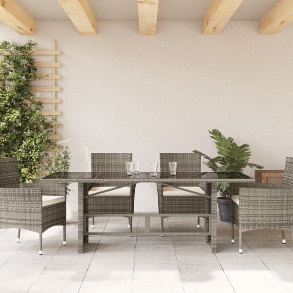 vidaXL Tuintafel met glazen blad 190x80x75 cm poly rattan grijs