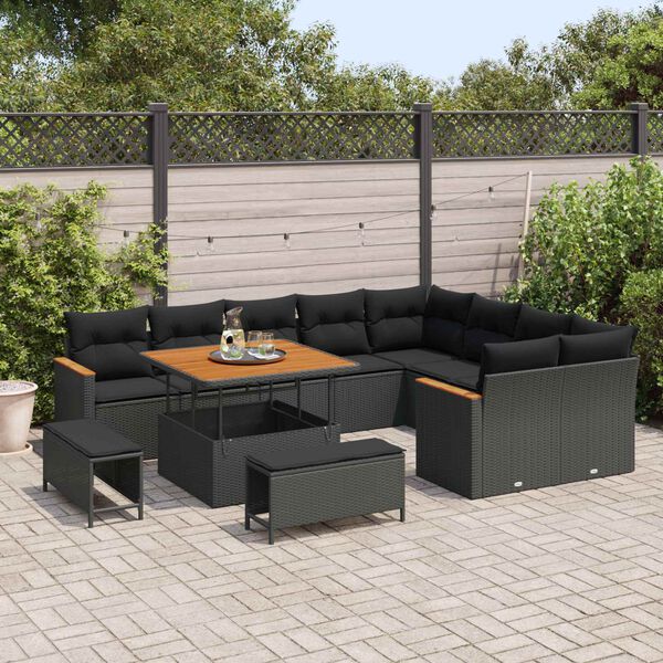 vidaXL Tuinbankenset 12 pcs Zwart poly rattan